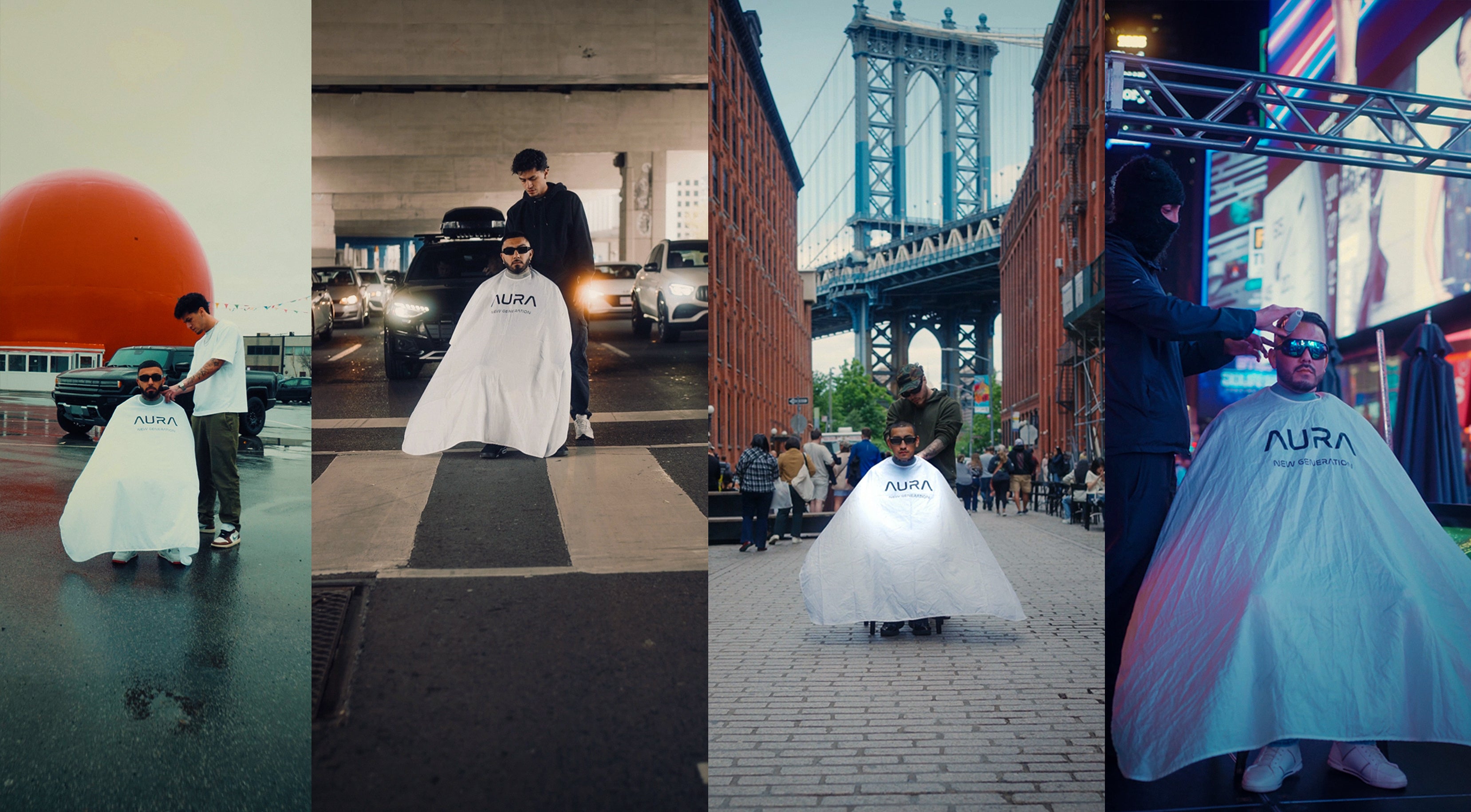 Collage of people wearing white capes with 'Aura' branding in various settings.