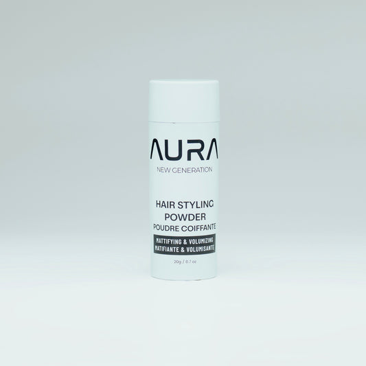 Hair styling powder container with 'Aura' branding on a white background