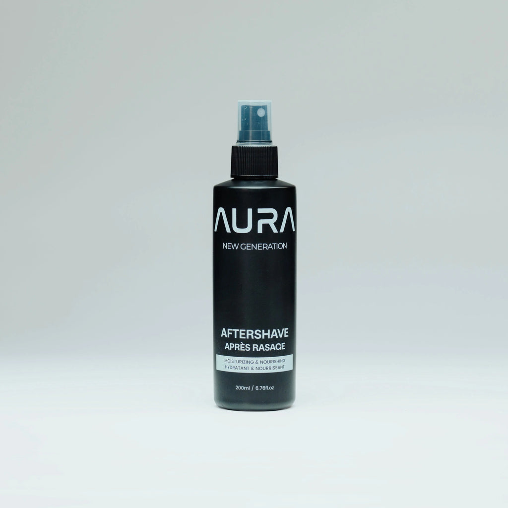 Black bottle of Aura New Generation aftershave on a light gray background